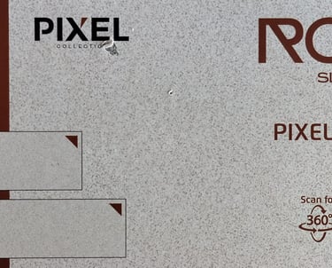Pixel Granite 15mm thick full body slab sample with product dimensions and QR code for Rock Slabs.