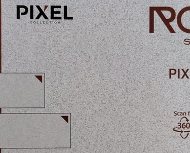 Pixel Crema Rock Slabs product label featuring 15mm thick fullbody porcelain tile dimensions and QR code.