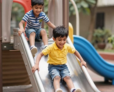 Two happy young boys playing on a metal slide at a Future Tots Creative school playground.