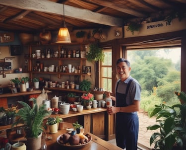 A warm, sunlit coffee farm in Colombia with ripe coffee cherries on the branches and a rustic farmhouse in the background.