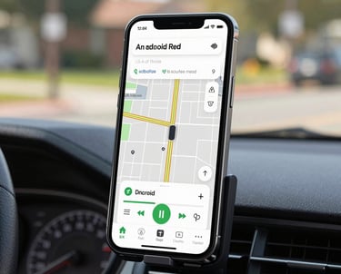 An Android smartphone in a car mount showing a clean, high-contrast GPS navigation app. Afternoon light in a US city suburb.