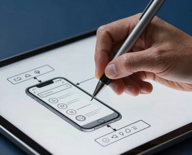 Macro shot of an engineer's hand using a digital pen to sketch a mobile app flowchart on a tablet. Oxford Blue background, crisp lighting.