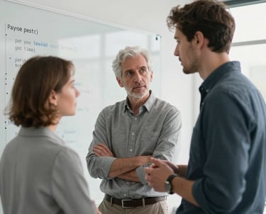 A candid photograph of two engineers discussing code in front of a whiteboard in a bright, modern office. Platinum and Payne's Grey tones dominate.