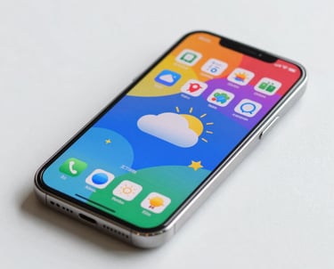 A close-up shot of an Android phone displaying a bold, colorful weather app with playful icons. Set against a clean, Platinum-colored surface in a North American studio.