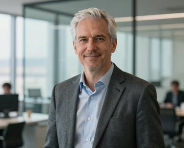 Portrait of a technical project lead in a modern glass-walled office in San Francisco. Professional, approachable demeanor. Soft Platinum and Payne's Grey lighting.