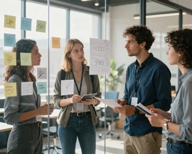 Action shot of a creative team brainstorming in a sun-drenched North American innovation hub. Sticky notes and sketches on a glass wall. Oxford Blue and Payne's Grey accents.