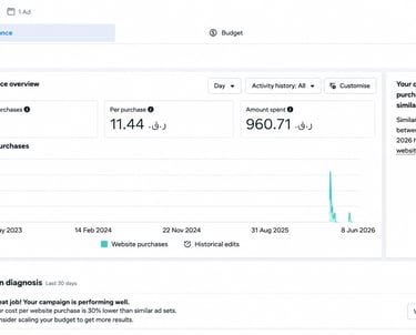Meta Ads website purchase campaign results showing 84 purchases at 11.44 QAR cost per purchase