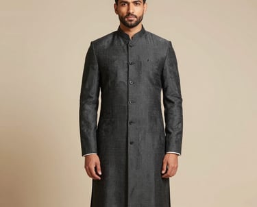 A classic jodhpuri suit styled with traditional accessories on a mannequin.