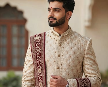 Close-up of an embroidered sherwani with intricate gold threadwork on rich fabric.