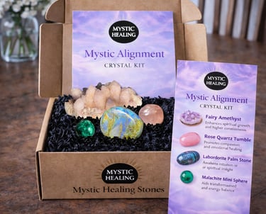 Mystic Alignment crystal kit featuring amethyst, rose quartz, labradorite, and malachite stones in a gift box.