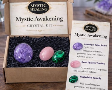 Mystic Awakening crystal kit with Amethyst palm stone, Rose Quartz, and Malachite in a gift box.