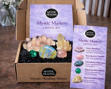 Mystic Mastery healing crystal kit featuring raw citrine, amethyst, and rose quartz stones in a gift box.