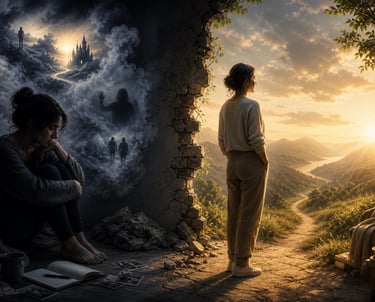 Surreal digital art of a woman moving from dark mental struggles toward a bright sunset landscape.