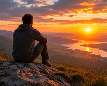 A man sits on a rocky mountain peak watching a vibrant orange sunset over a winding river valley.