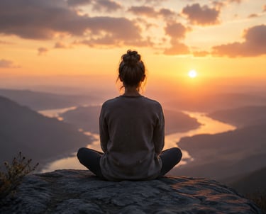 A woman practicing mindfulness meditation on a mountain peak at sunrise with a scenic valley view.
