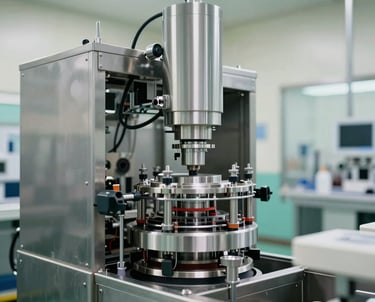 A high-precision automated pharmaceutical bottling line in an Indian manufacturing plant, clean stainless steel machinery, bright teal and off-white studio lighting.