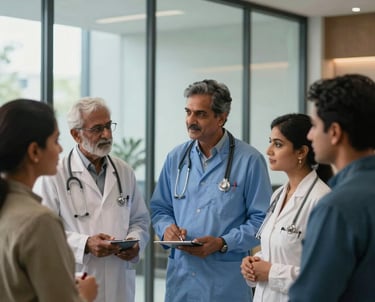 A group of professional healthcare experts in South Asian / Indian attire discussing health solutions in a modern office with glass windows, warm natural lighting, palette of blue and light grey.