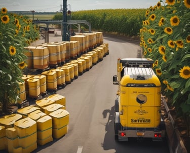 A delivery truck loaded with sunflower oil bottles.