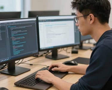 A team of software developers analyzing AI data flows on multiple screens in a modern workspace.