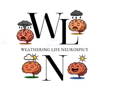 Brain Buddies characters with the Weathering Life Neurospicy logo in the Community Support section.