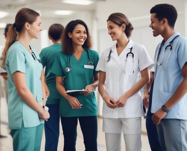 A diverse group of nurses in scrubs sharing a warm, supportive moment in a bright, modern healthcare setting.