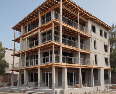 A panoramic view of a recently completed commercial building with sleek glass facades under a clear blue sky.
