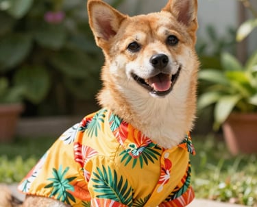 Un perro Shiba Inu, con una colorida camisa amarilla con estampado floral, sentado al aire libre