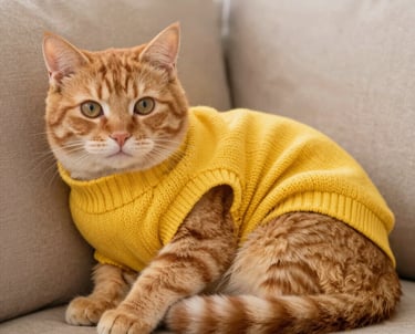 Un gato atigrado naranja con un cómodo suéter de punto amarillo sentado en un sofá beige.