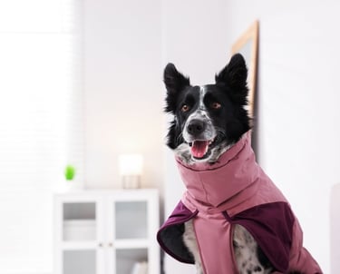 Un Border Collie blanco y negro con un abrigo rosa de invierno para perros dentro de casa.