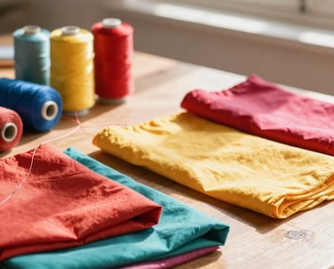 Telas de lino coloridas dobladas y carretes de hilo de coser, sobre una mesa para manualides