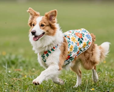 Un perro marrón y blanco, con un arnés y una camiseta, corre por un campo de hierba