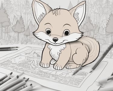 A cozy scene of printable worksheets and coloring pages spread out on a wooden table.