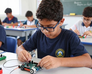 A warm classroom scene with diverse students engaged in hands-on computer and Arduino learning.