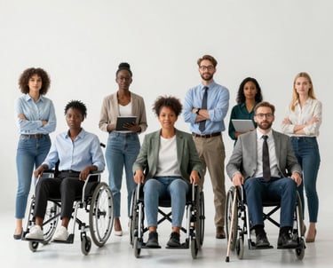 A diverse group of professionals with disabilities collaborating happily in a modern office space.