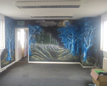 Mystical Mural by artist Jen Manning in disused building