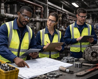 group of professionals looking at building structure. Elite Facilities Consulting