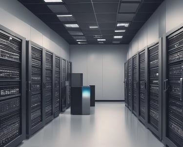 A professional technician working on server hardware with multiple monitors displaying code and system status.