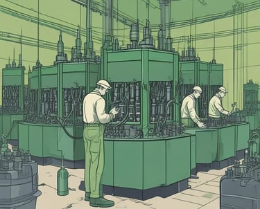 A sleek industrial transformer unit illuminated with steel-green lighting against a dark, textured background.