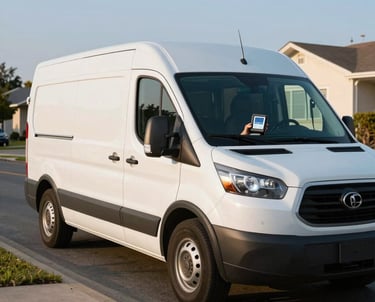 A white logistics cargo van parked on a residential North American street, with a focus on a professional driver holding a digital logging device, soft afternoon sunlight, clear sky.