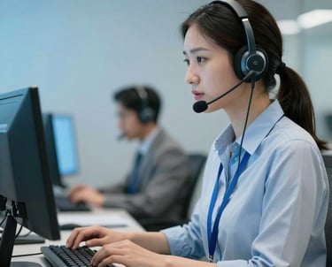 A North American dispatcher working at a clean, professional workstation, wearing a sleek headset and communicating clearly, light blue lighting accents, professional atmosphere.