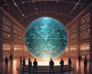 A diverse group collaborating around a digital device showing data privacy icons.