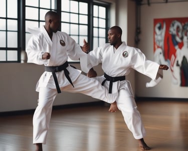 A dynamic martial arts training session with students practicing in a modern dojo setting.