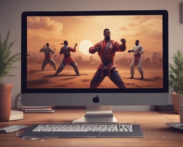 A martial arts instructor demonstrating a technique to students via a digital platform.