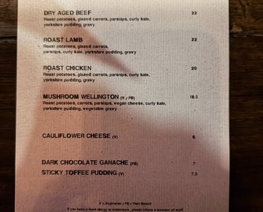 The Old Queens Head menu, London, UK, November 2025