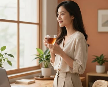 High-quality lifestyle photography of a Southeast Asian woman named Trân standing in a minimalist home office with plants, holding a warm cup of tea, looking out the window with a peaceful smile, warm terracotta orange and soft cream white lighting.