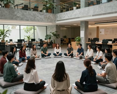 A wide-angle candid shot of a mindful leadership workshop in a modern Vietnamese office with sustainable architecture, group of people sitting on floor cushions in a circle with Trân guiding the session, warm pebble grey and sage grey tones.