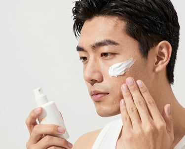 Un hombre se aplica una crema hidratante facial blanca como parte de su rutina diaria de skincare