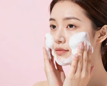 oven se aplica un limpiador facial espumoso blanco en las mejillas como parte de una rutina suave de