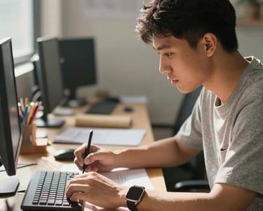 Candid shot of a young Southeast Asian male professional working on a creative design. He looks authentic and focused. Sunlight illuminates his desk, creating a warm, honest vibe.