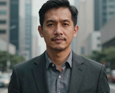 Portrait of a professional Southeast Asian man in his late 30s, looking approachable and confident. Cinematic lighting, soft-focus background of an Indonesian business center.